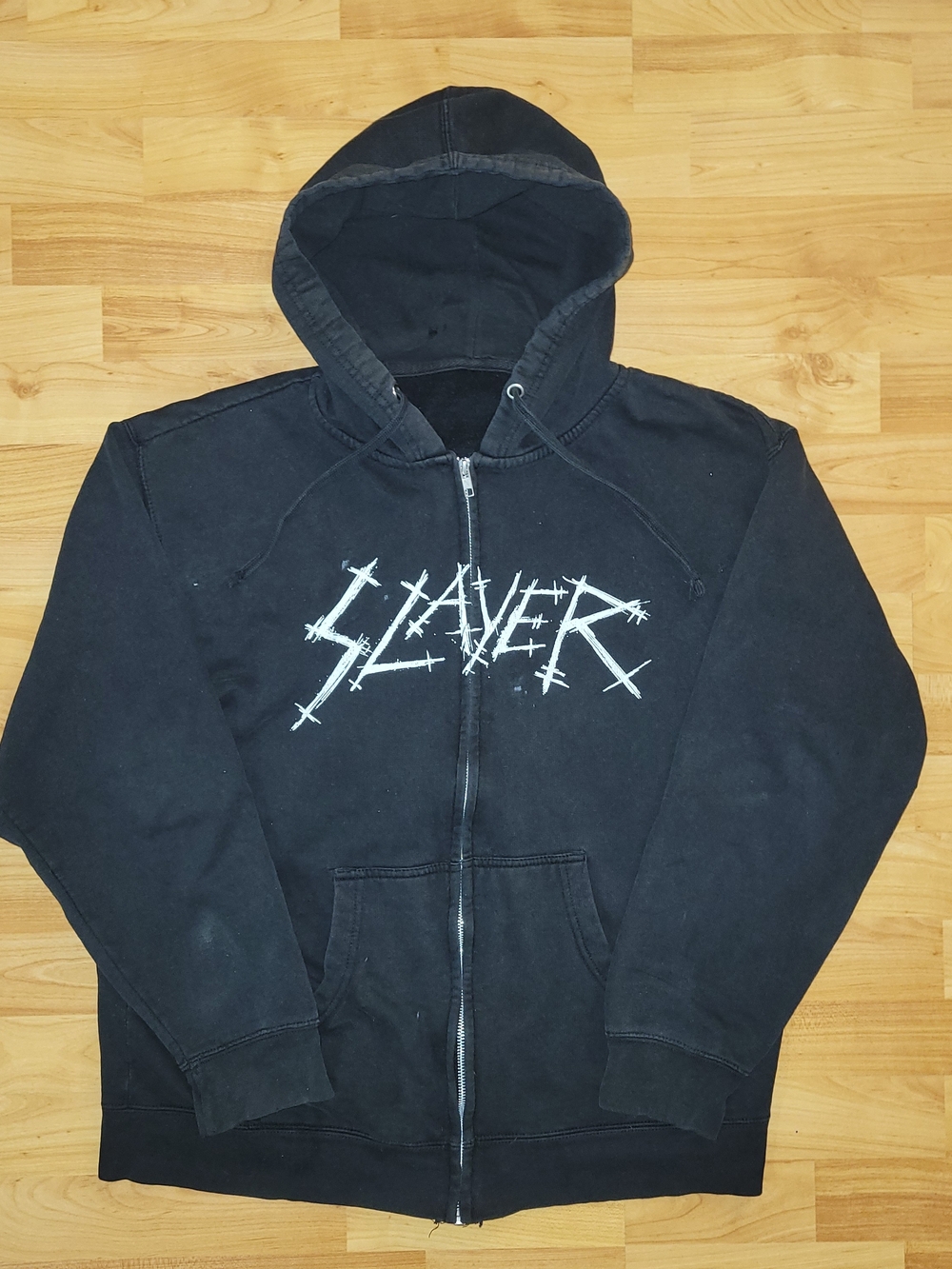 Slayer Black Zip-Up Hoodie Spellout Logo Grunge Skull Faded Thrashed Med/Large